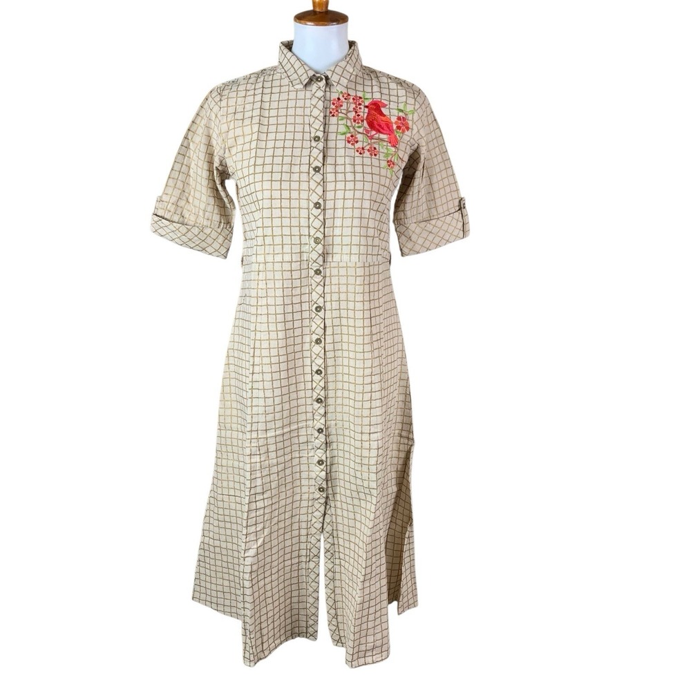 Bombay Paisley Tan Grid Dress Cardinal Embroidery M Button Down Unique Indie